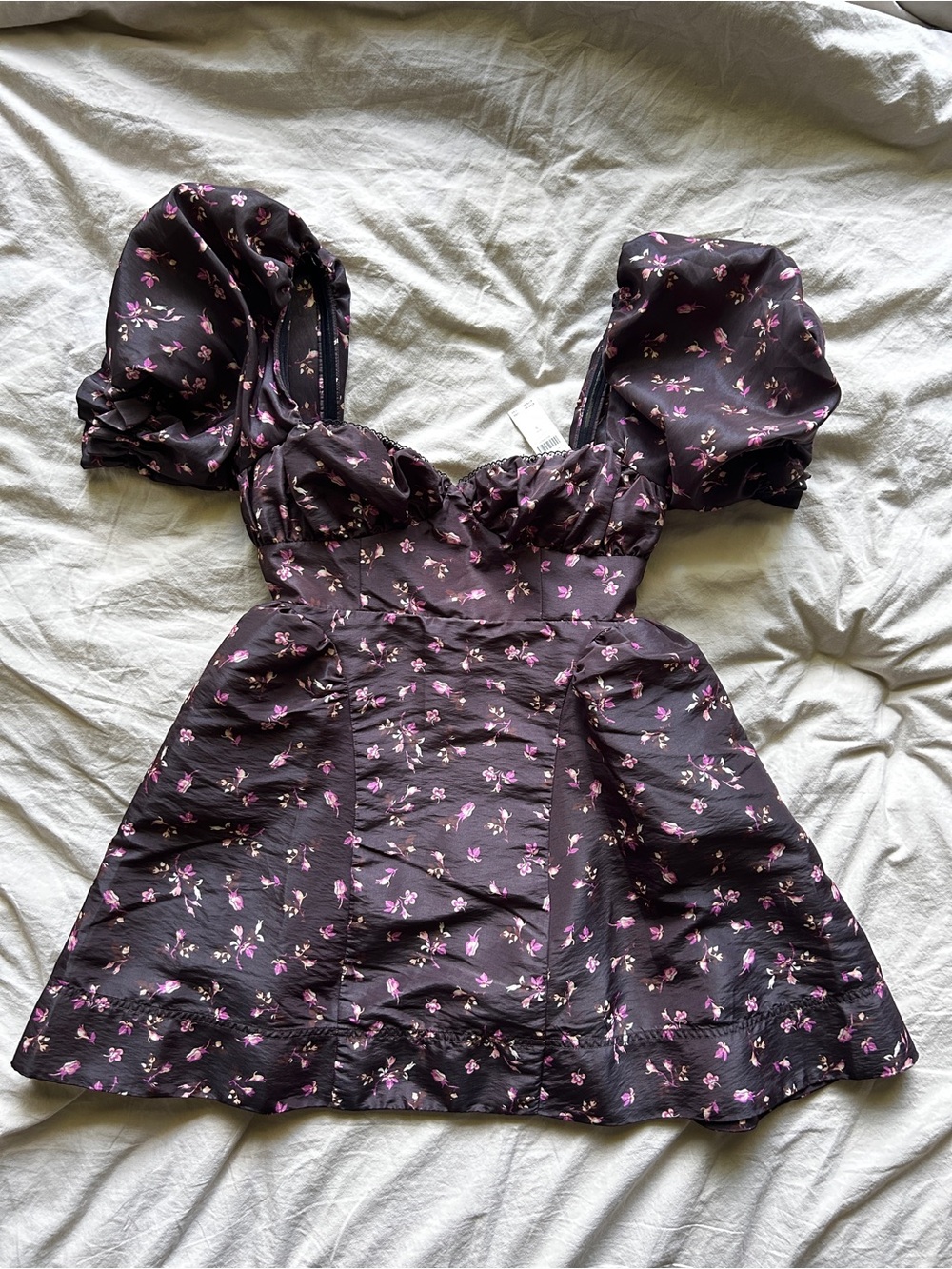 Anthropologie Maeve NWT Small Puff-Sleeve Dress in Dark Plum and Pink